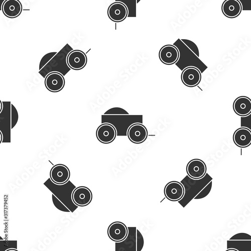 Grey Wooden four-wheel cart with hay icon isolated seamless pattern on white background. Vector Illustration