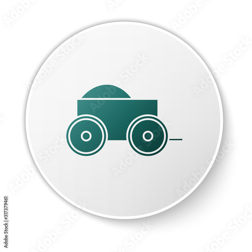 Green Wooden four-wheel cart with hay icon isolated on white background. White circle button. Vector Illustration