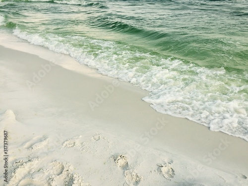 Wave on Beach | Sand Footprints | Ocean | Seaside | Green | Foam | Vacation