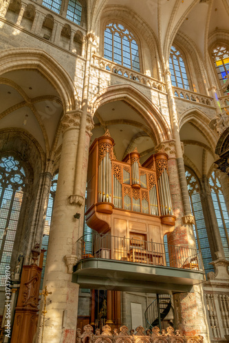 Beautiful interiors and pipe organ inside famous Saint Nicholas church  one of the oldest in Ghent  Belgium