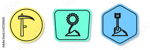 Set line Scythe, Sunflower and Shovel in the ground. Colored shapes. Vector