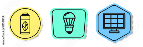 Set line Recycling plastic bottle, LED light bulb and Solar energy panel. Colored shapes. Vector