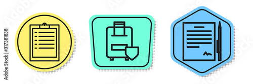 Set line Clipboard with checklist, Traveling baggage insurance and Contract with pen. Colored shapes. Vector