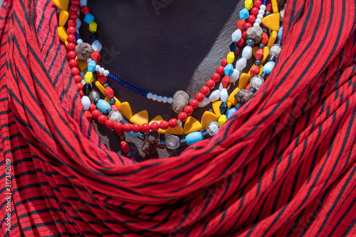 Fotografie Tribal masai dress with a colorful beads on the island of Zanzibar, Tanzania, Af