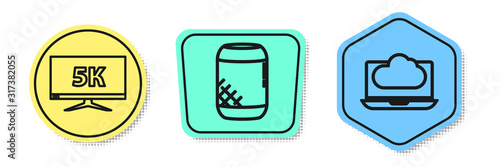 Set line Monitor display with 5k video, Voice assistant and Cloud technology data transfer and storage. Colored shapes. Vector