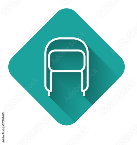 White line Winter hat with ear flaps icon isolated with long shadow. Green square button. Vector Illustration
