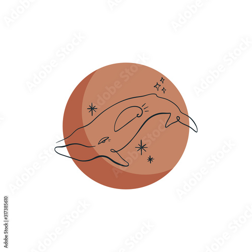 Tiny handdrawn line style logo or icon symbol of magical whale. Good for kids design, beauty industry, wedding postcards. Vector illustration.
