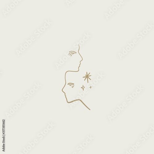 Line art magical faces. Good for fashion theme, nature care, beauty industry, wedding postcards. Vector illustration.