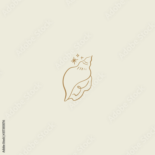 Tiny line art handdrawn style logo or icon symbol of magical seashell. Good for fashion theme  nature care  beauty industry  wedding postcards. Vector illustration.