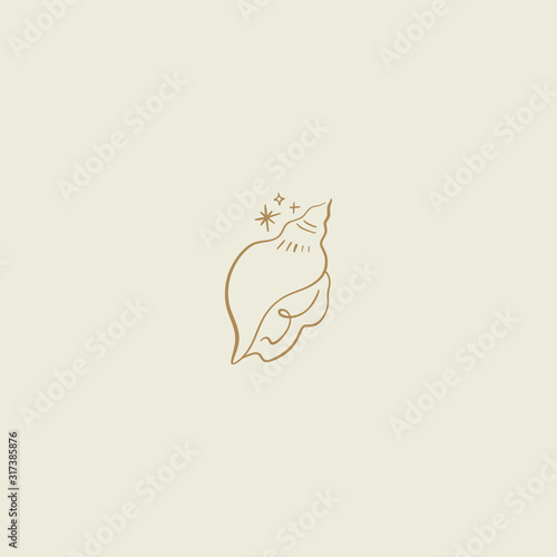 Tiny line art handdrawn style logo or icon symbol of magical seashell. Good for fashion theme, nature care, beauty industry, wedding postcards. Vector illustration.