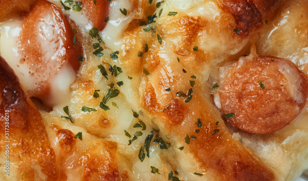 Close-up view of mayonnaise sausage bread Close-up view of mayonnaise sausage bread