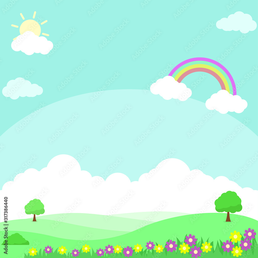 Nature landscape vector illustration with flowers, rainbow and