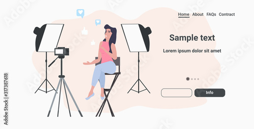 woman beauty blogger recording video blog with digital camera on tripod live streaming social media network blogging concept horizontal full length copy space vector illustration