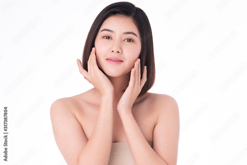 Beautiful Young Asian Woman with Clean Fresh Skin. Face care, Facial treatment, on white background, Beauty and Cosmetics Concept. Beautiful Young Asian Woman with Clean Fresh Skin. Face care, Facial treatment, on white background, Beauty and Cosmetics Concept.