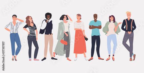 people fashion bloggers standing together smiling mix race men women posing female male cartoon characters full length horizontal vector illustration © mast3r