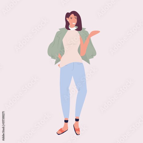 woman fashion blogger standing pose smiling stylish girl posing female cartoon character full length vector illustration