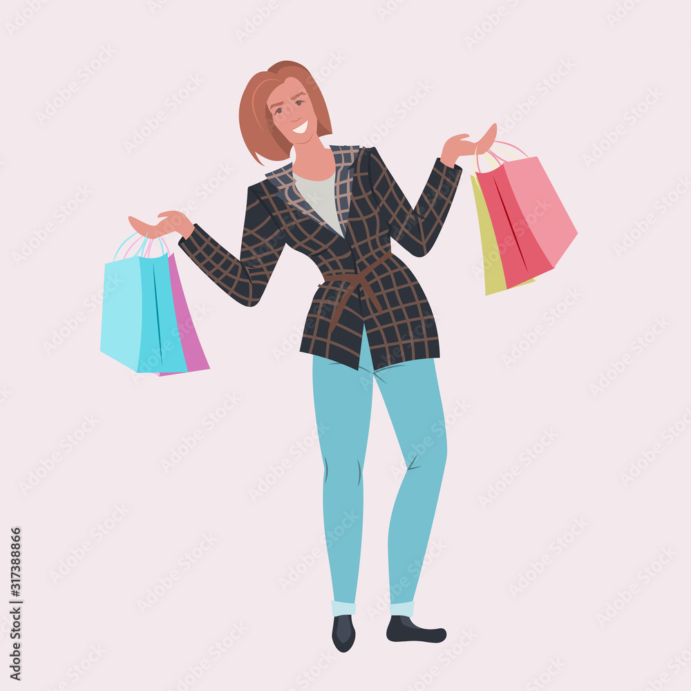 woman fashion blogger holding colorful shopping bags smiling girl shopper standing with purchases season sale blogging concept full length vector illustration