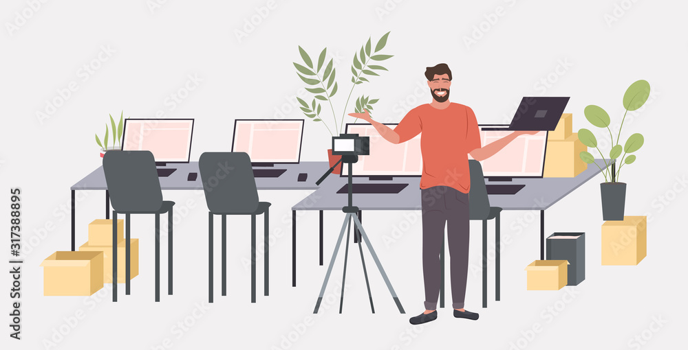 man blogger recording unboxing video with digital camera on tripod live streaming social network blogging concept horizontal full length vector illustration