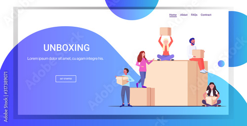 men women bloggers opening parcel boxes recording unboxing video live streaming social media mail delivery shipment blogging concept full length horizontal copy space vector illustration