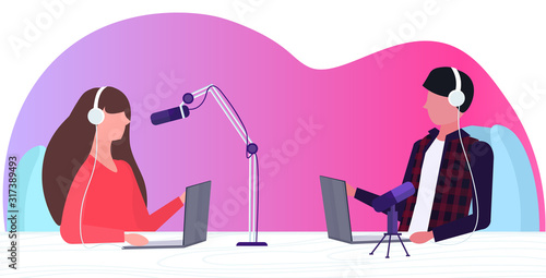 podcasters talking to microphones recording podcast in studio podcasting online radio concept man in headphones interviewing woman broadcasting portrait horizontal vector illustration