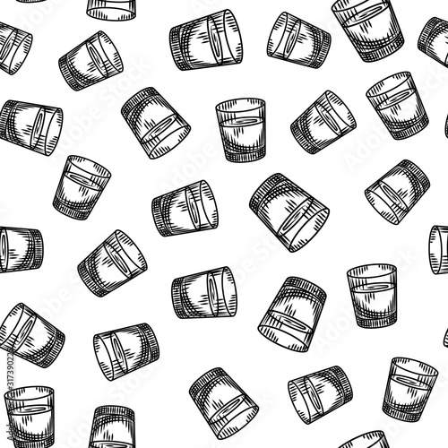 Vodka shot seamless pattern on white background. Full shot glass of alcohol wallpaper.