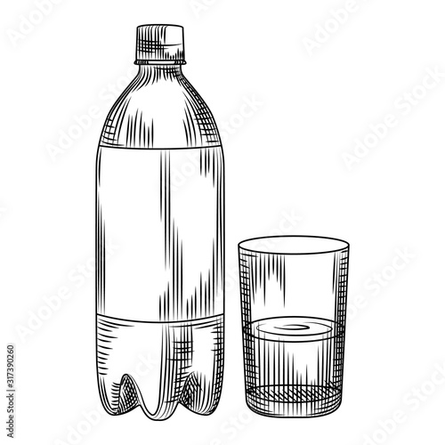 Hand drawn plastic bottle isolated on white background. Engraving vintage style.