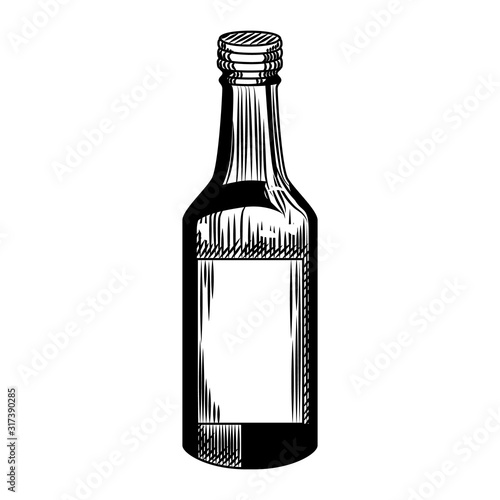 Soju bottle isolated on white background. Glass vodka bottle in vintage engraved style.