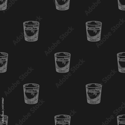 Vodka shot seamless pattern on black background. Full shot glass of alcohol wallpaper.