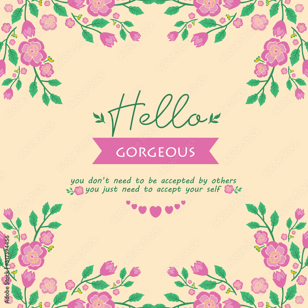 Unique leaf and wreath frame, for hello gorgeous greeting card design. Vector