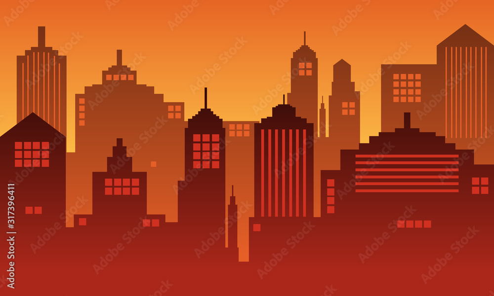 Illustration of an evening city with a sunset