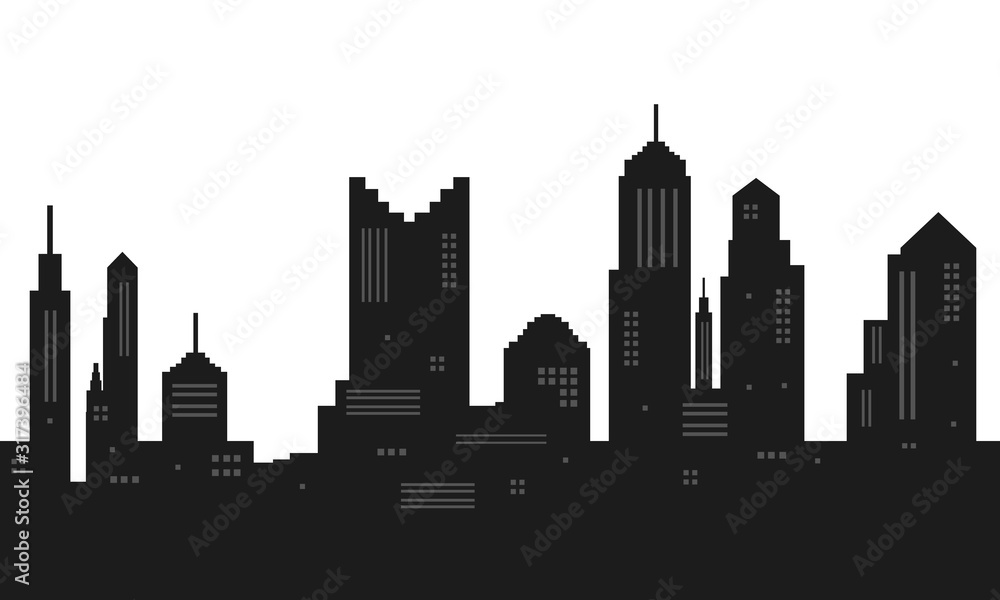 Illustration of city view of apartment with black and white silhouette