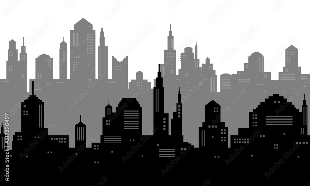 Illustration of city with black and white silhouette