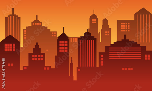 Illustration of an evening city with a sunset