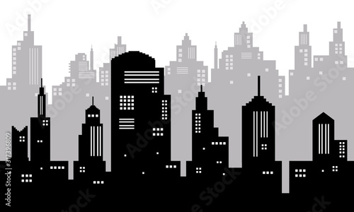 White background with black white city silhouette
