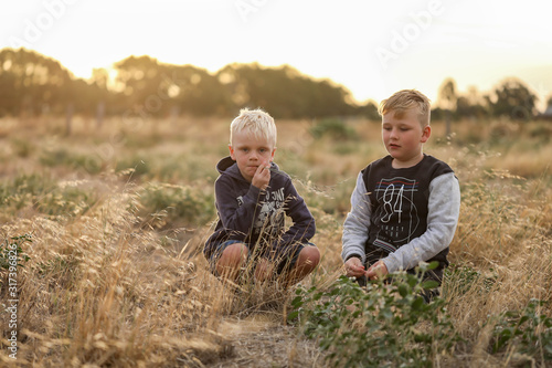 Two brothers hanging out together in dry field on farm © Caseyjadew