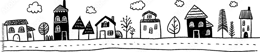 Obraz premium 街並み 風景 線画 素材 イラスト ベクター