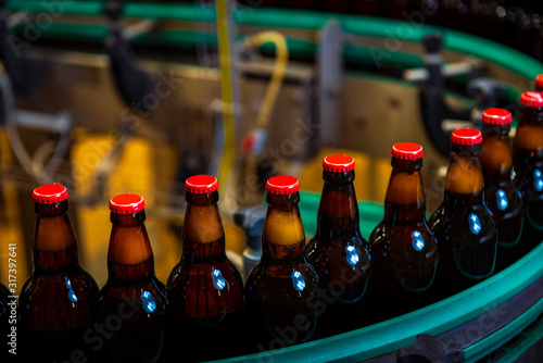 Beer bottles on the conveyor belt in the beer factory   with red caps  high ISO image 