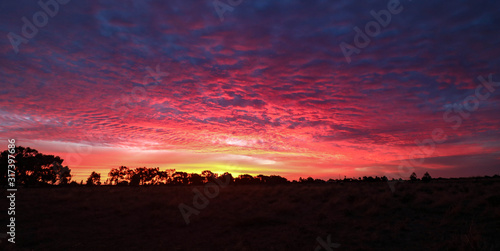Panoramic image of vibrant pink and purple sunset sky in Central Victoria, Australia