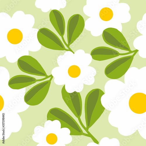 Beautiful Daisy Flower and Leaf Seamless Pattern in soft green background color