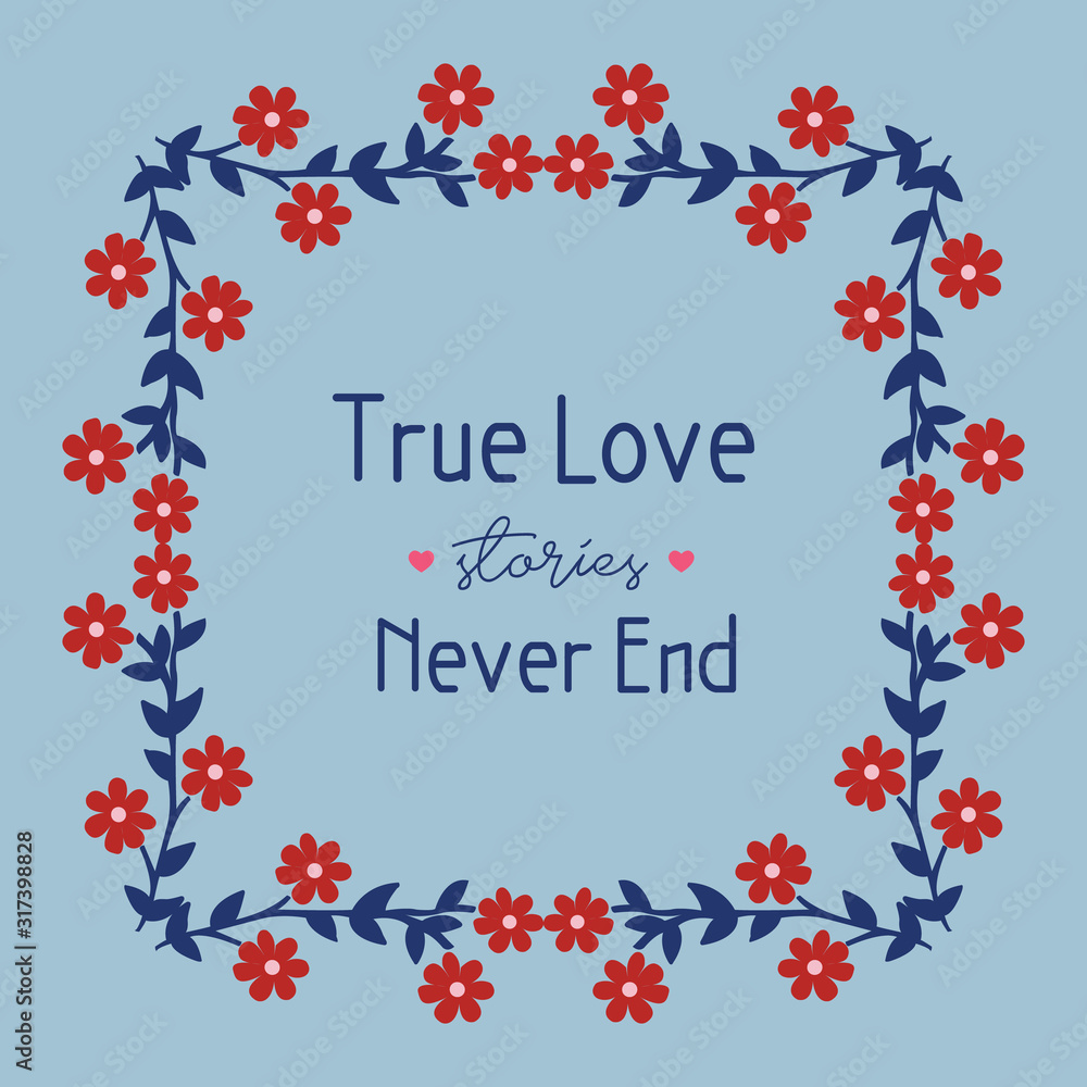 Decoration of leaf and floral frame isolated on blue background, for true love greeting card design. Vector