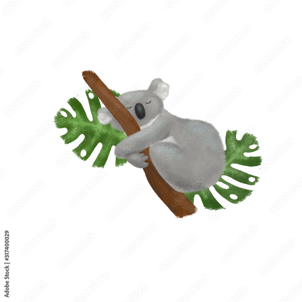 Koala on a branch with green leaves. Australian animal, funny cartoon Koala  sleeping Stock Illustration | Adobe Stock