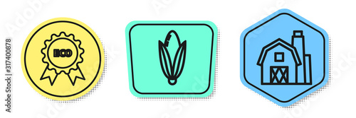 Set line Banner, label, tag, logo for eco, Corn and Farm House concept. Colored shapes. Vector