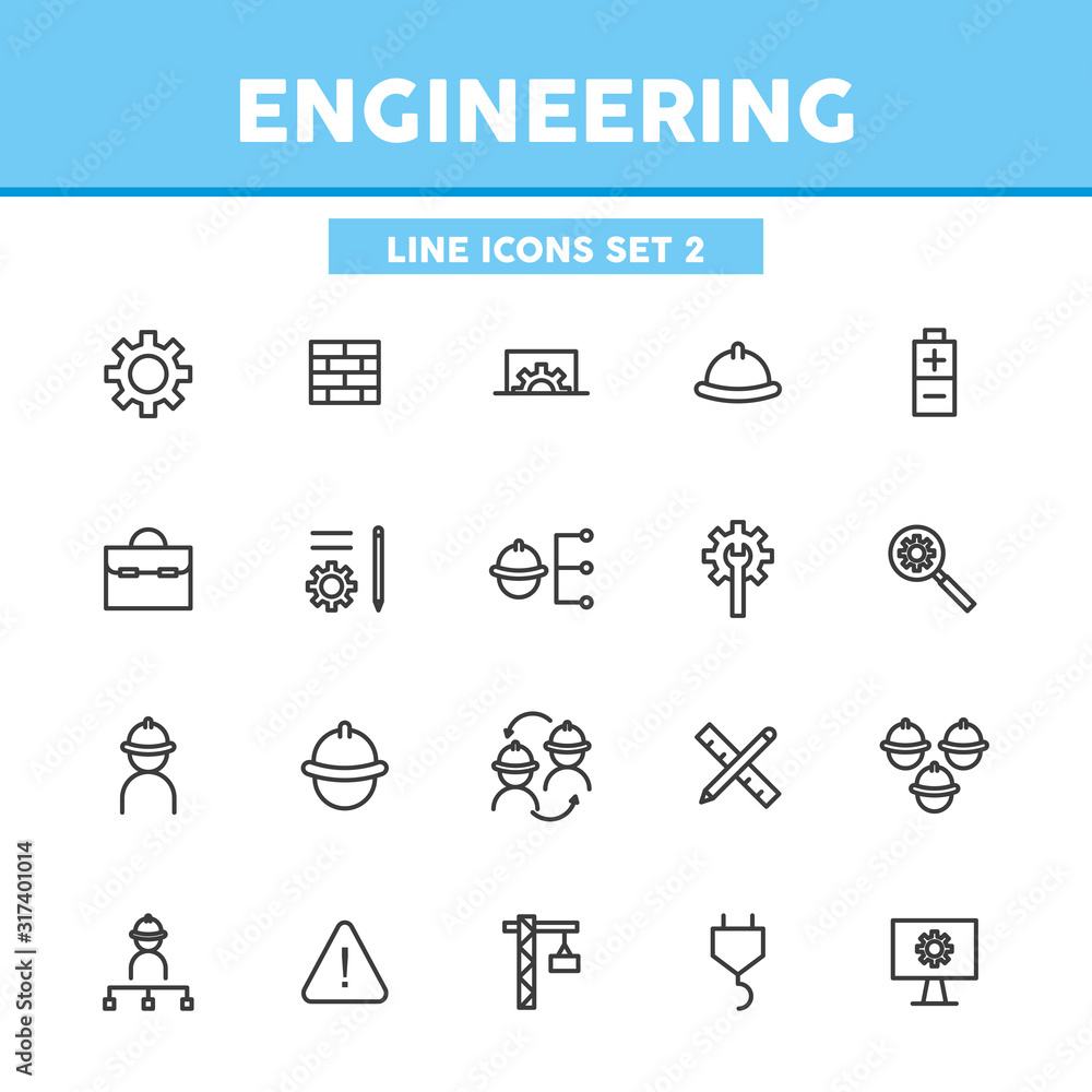 Engineering simple set thin line icons.  Concept of construction, manufacturing. Vector illustration symbol elements for web design and apps