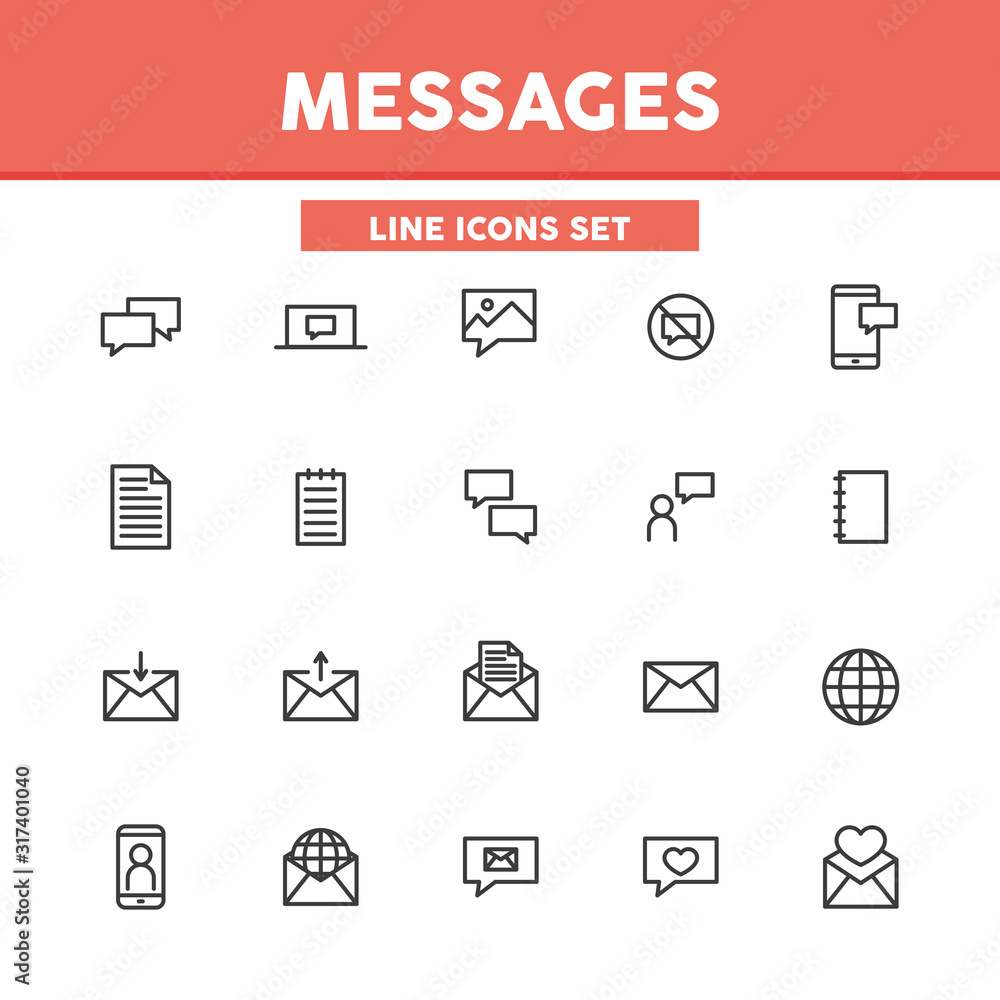 Messages simple set thin line icons. Notifications, mails, emails, communication online. Vector illustration symbol elements for web design and apps Messages simple set thin line icons. Notifications, mails, emails, communication online. Vector illustration symbol elements for web design and apps