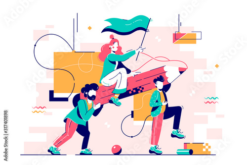 Young men carry attractive girl on big pencil for teamwork.