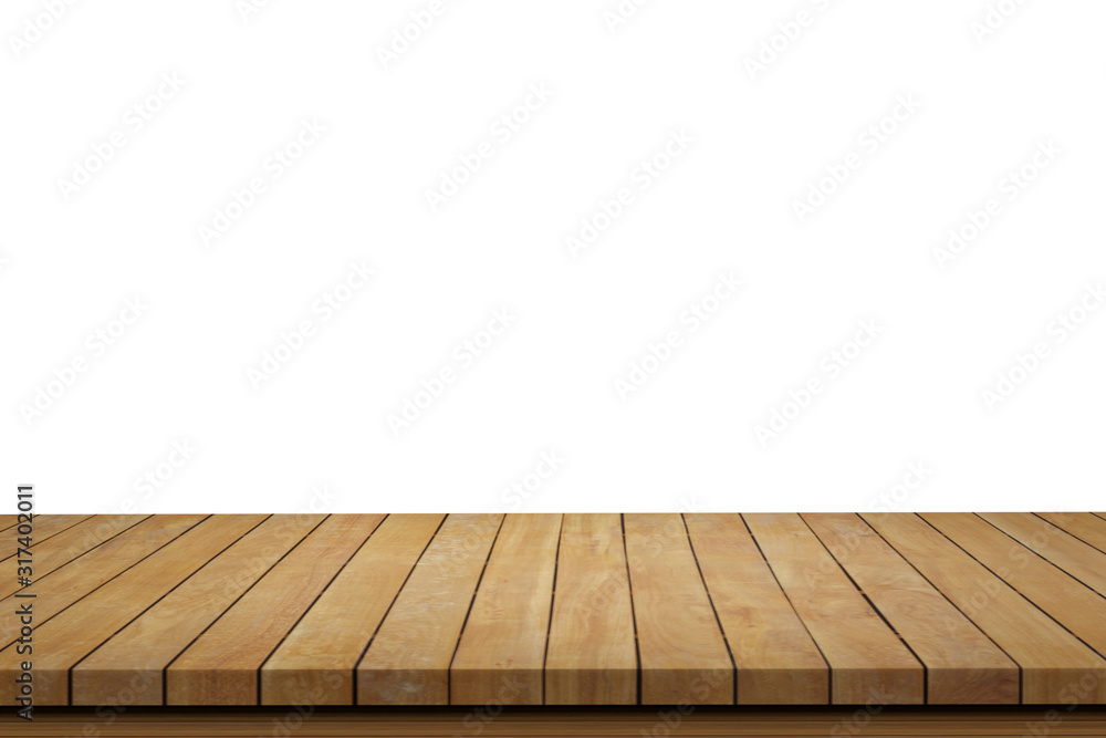 Empty wooden table isolated on white background, of free space for your copy and branding. Use as products display montage. Vintage style concept. 3d illustration Empty wooden table isolated on white background, of free space for your copy and branding. Use as products display montage. Vintage style concept. 3d illustration
