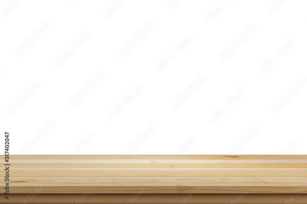 Empty light wooden table top isolated on white background, of free space for your copy and branding. Use as products display montage. Vintage style concept present, 3d illustration