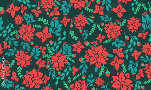 Leaf and red flower style template, elegant Christmas floral pattern background.