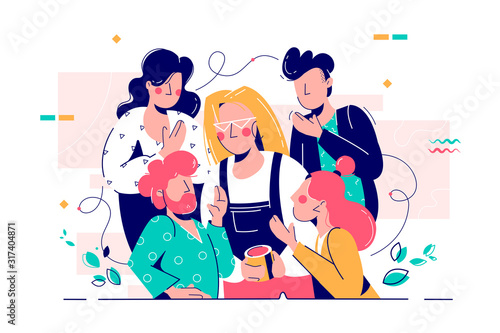 Young attractive woman with cup listening friends advice.