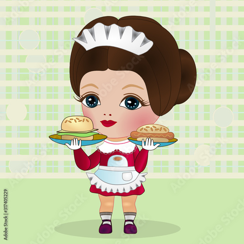 Girl waiter dressed in a red dress and a white apron carries a dish of hot dog and hamburger, emoticon on checkered background 
